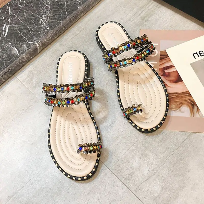 

2019 New Women's beach shining rhinestones shoes summer bohemia diamond sandals sweet thong flip flops comfortable Boho shoes 40