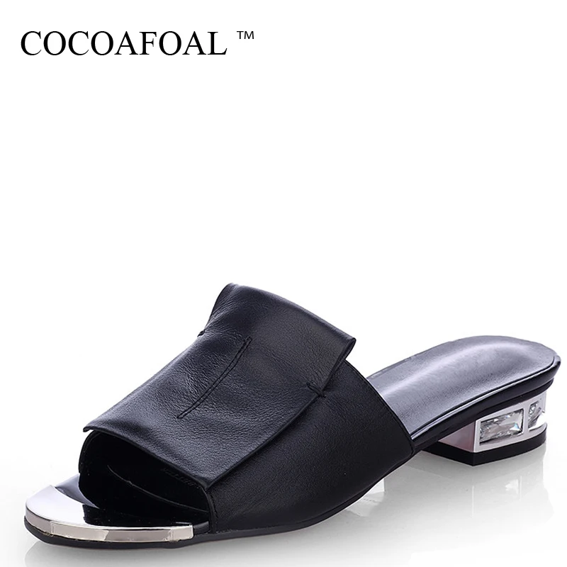 

COCOAFOAL Women's New Summer High Quality Square Heels Genuine Leather Shoes Woman Sandals Ladies Flat White Black Open Toe