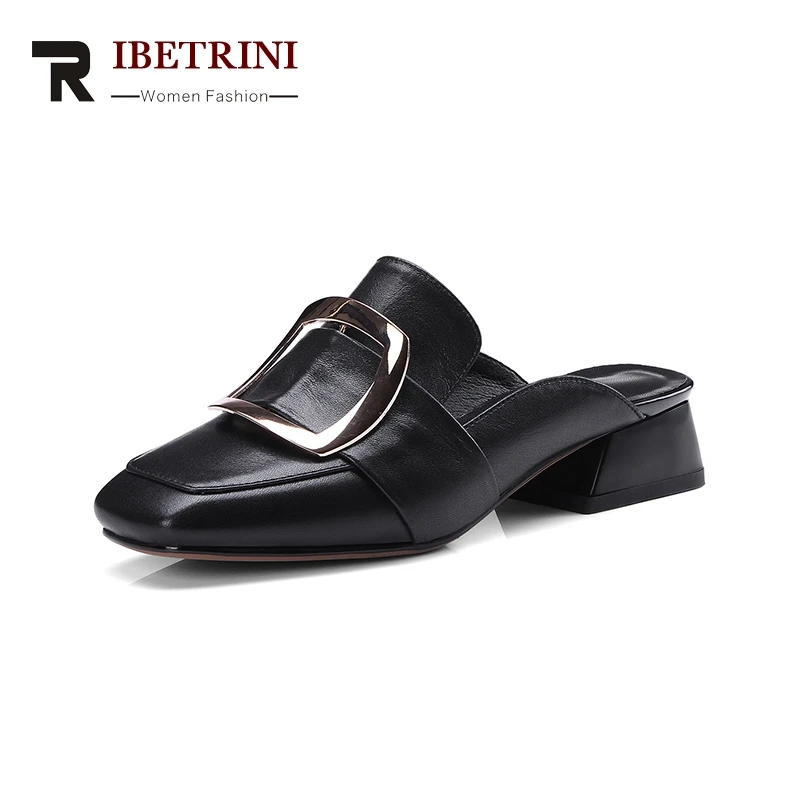

RIBETRINI 2018 Genuine Leather Spring Autumn Size 34-39 Square Toe Slip On Women Pumps Mules Shoes Woman Chunky Heels Footwear