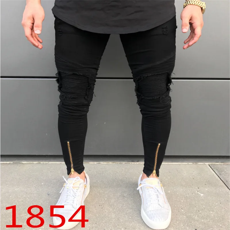 

New Ripped Holes Jeans Men Zip Skinny Biker Jeans Black White Men Jeans with Pleated Patchwork Slim Fit Hip Hop Jeans Men Pants