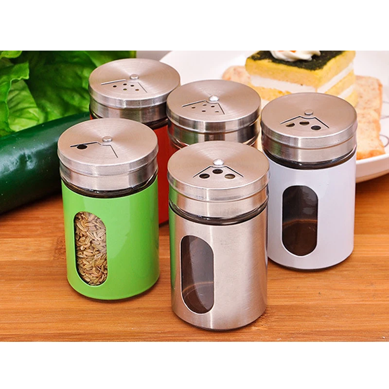 

Colorful Stainless Steel Galss Seasoning Cans Spice Pepper Salt Cans Container Toothpick Holder Kitchen Tools Gadget Accessories