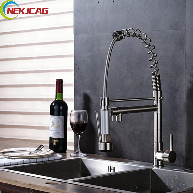 

Brushed Nickel Led Spring Kitchen Faucet Deck Mounted Pull Down Kitchen Sink Faucet Sprayer Mixer Tap with Plate