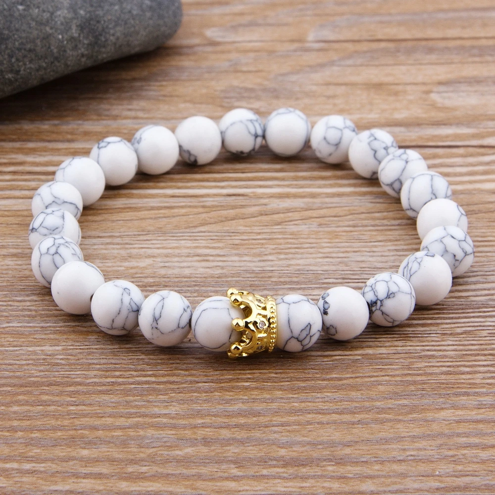 Magnifique Homme Couronne Pierre Naturelle Noir Mat Charme Zircone Cubique Cuivre Perle Bracelets