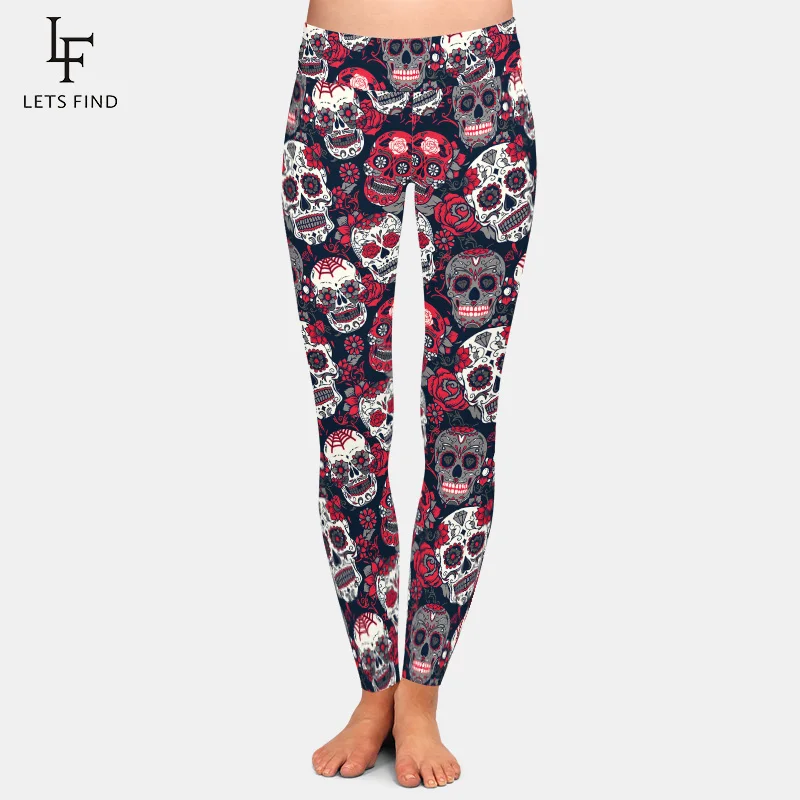 

LetsFind 2019 Sugar Skull Leggings for Women Girl Rose Print Leggins Halloween Funny Skull Leggings Workout Party Ankle Pant