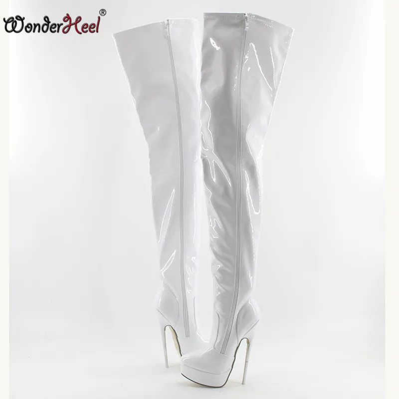 Wonderheel/Новые сапоги до бедра на очень высоком каблуке-шпильке 18 см; пикантные сапоги до бедра на металлическом каблуке; модные лакированные сапоги до промежности на платформе