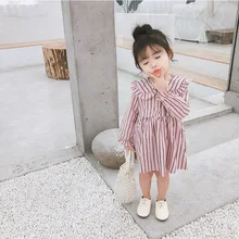 Г. Новое поступление, Осеннее хлопковое платье принцессы в Корейском стиле, в полоску, с воротником в виде листьев лотоса, с длинными рукавами для милых маленьких девочек