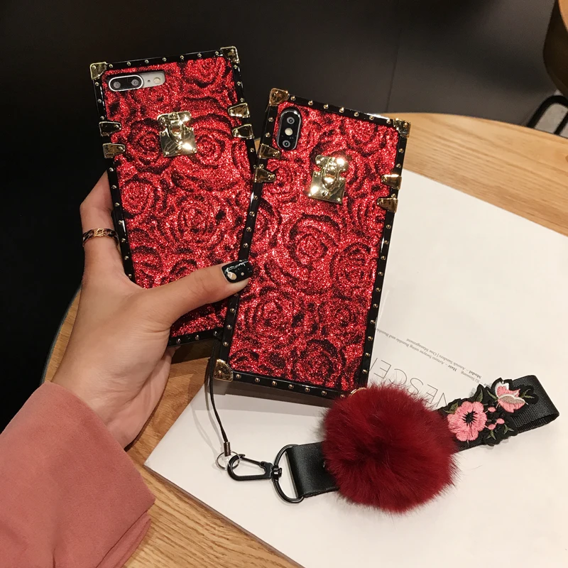 

Fashion Luxury Square 3D Rose Flower Real Fox Fur Ball Pendant Case For iPhone X XS XR MAX For iphone 6 7 8 plus Soft Back Case