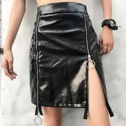 2018 плотная Искусственная кожа юбка черный середины талии молния спереди пикантные PU юбка Для женщин Элегантный оболочка avove колено