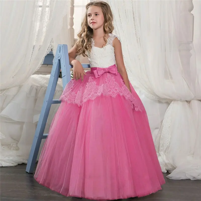 Elegent Flower Long Prom Gowns Teenagers Dresses For Girl Children Party Clothing Kids Evening Formal Dress Bridesmaid Wedding - Color: Rose Red dress