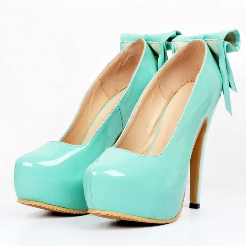 

Newest Butterfly-knot Round Toe High Heel Pumps Woman Patent Leather Waterproof Platform Sweet Blue Sexy Spring Autumn Shoes