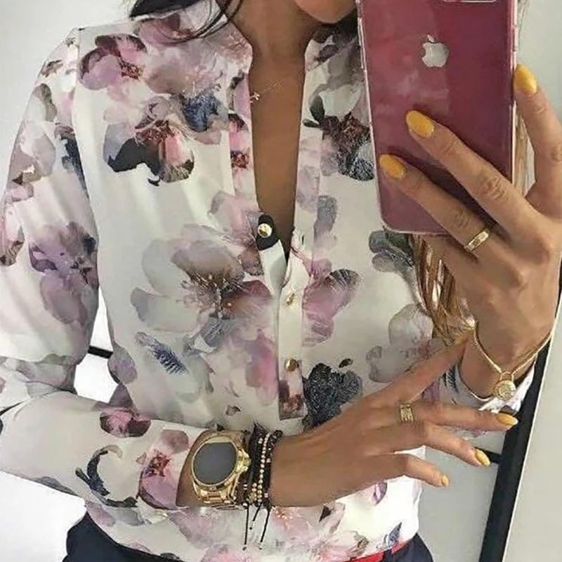 

Ccibuy Elegant Spring O-Neck Fashion Feminine Blouse Casual Floral Print Button Design Sleeve Shirt Basic Woman Office Blouse