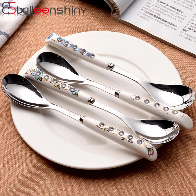

BalleenShiny Flower Pattern Dessert Spoon with Drill Stainless Steel Creative Ceramic Spoon Handle Polished Tableware Gifts
