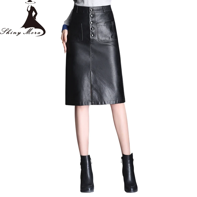 

SHINYMORA Autumn PU Leather Skirts for Women High Waist Pocket Female A Line Pack Hip Sexy Knee Length Leather Skirts Plus Size
