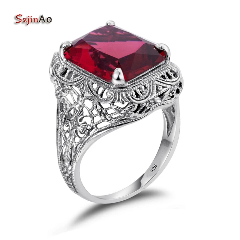 

Szjinao July Birthstone Handmade Big Rings for Women Luxury Brand Red Ruby Solid 925 Sterling Silver Witcher Engagement Jewelry