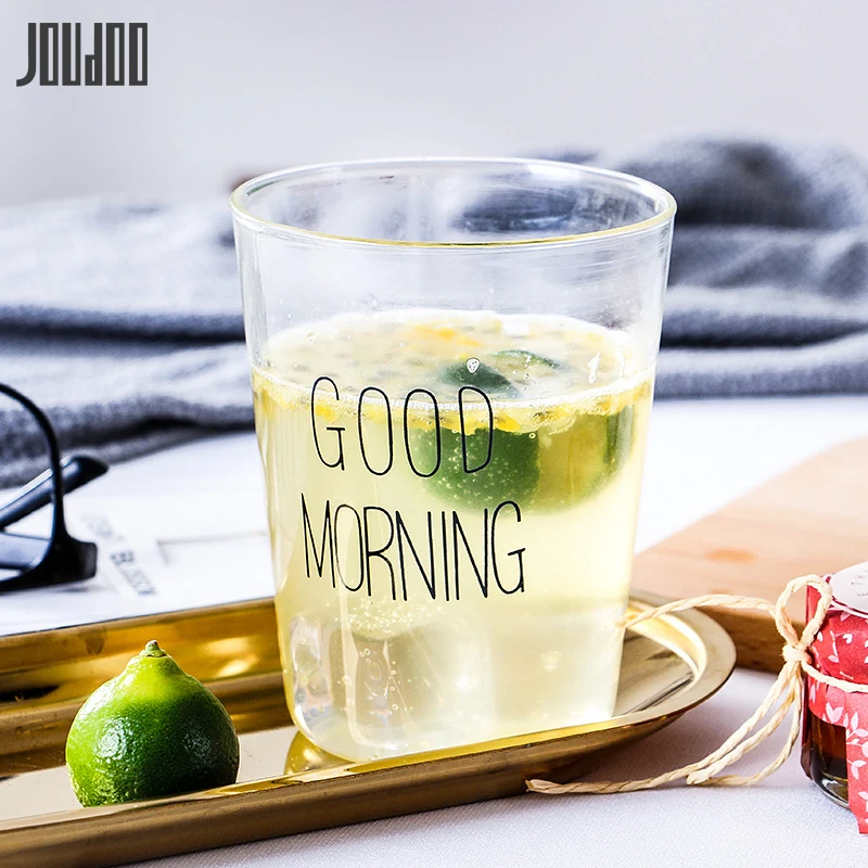

JOUDOO Lovely Transparent Glass Breakfast Cup Creative Good Morning Party Mugs Ins Coffee Tea Juice Yogurt Kitchenware Mug 35