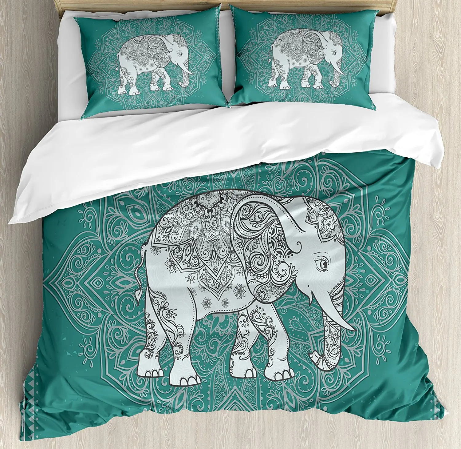 

Elephant Mandala Duvet Cover Set Symbol of Mental and Physical Fortitude on Floral Frame Bedding Set Light Blue and Petrol Blue