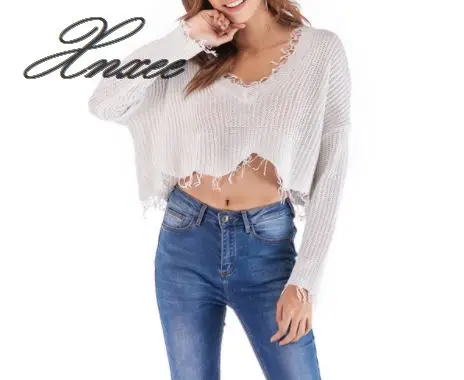 

Xnxee2019 Europe and the new spring and summer three-color long-sleeved V-neck solid color backless loose ladies sweater