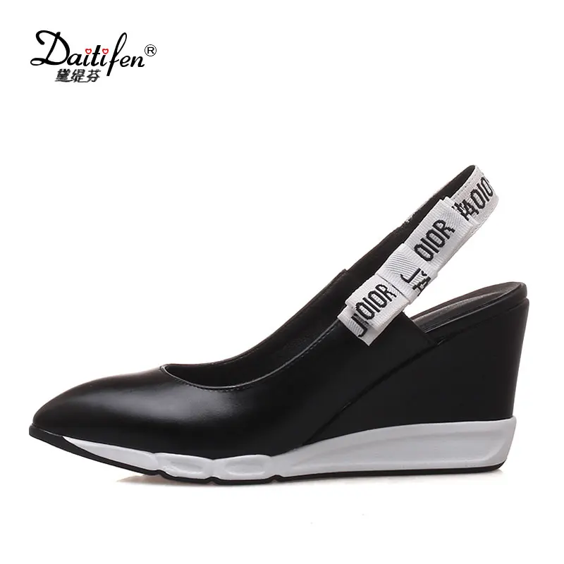 

Daitifen Fashion women slingback pumps letter pointed toe High Heels Bow Knot Buckle Dress women Shoes mixed color Wedges Shoes