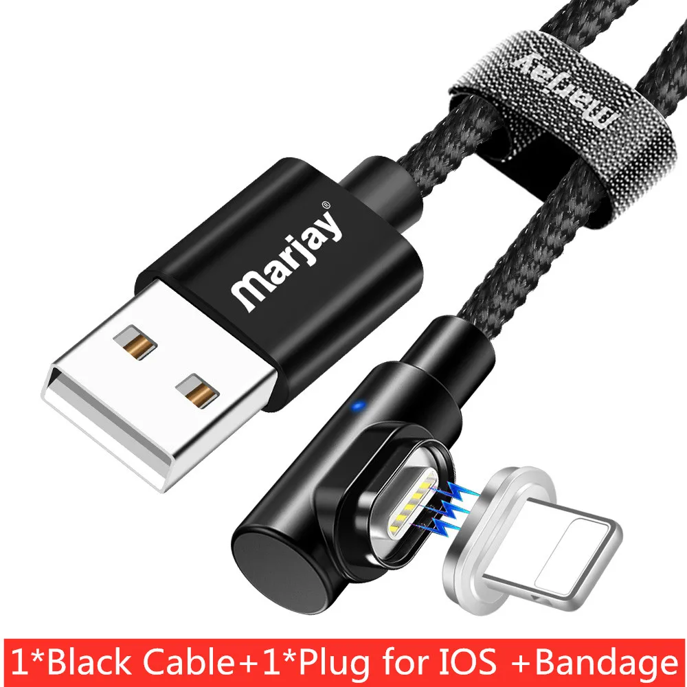 Marjay Магнитный USB кабель 90 градусов 3A быстрое зарядное устройство Micro usb type C кабель для iPhone Samsumg Xiaomi huawei кабели для мобильных телефонов - Цвет: Black For iPhone