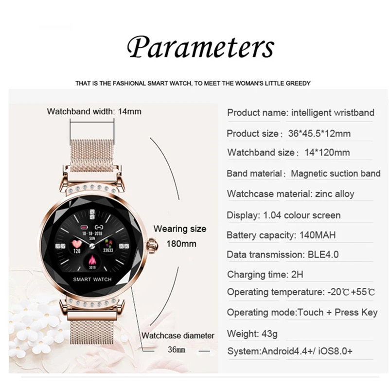 Новейшая мода, Роскошные Смарт-часы для женщин, пульсометр, измеритель артериального давления, фитнес-трекер, регулировка яркости, умные часы