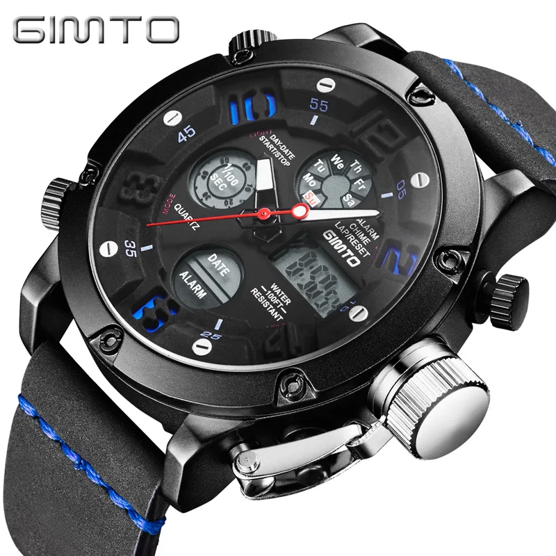GIMTO Brand Creative Sport Men Watch Leather Shock Digital Male Military Watches Waterproof Clock LED Diving