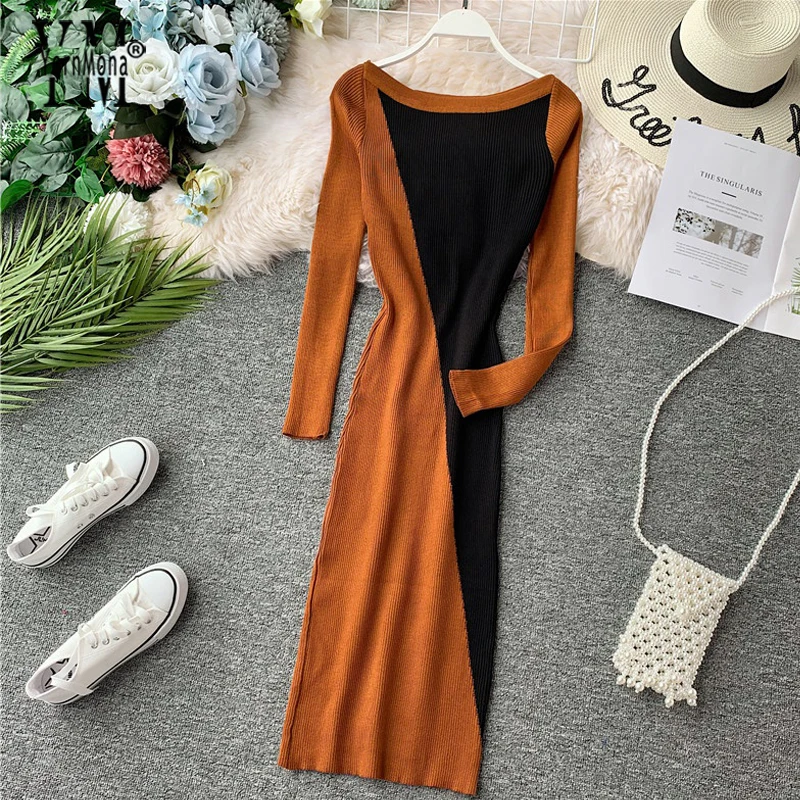 

YornMona Contrast Color Slash Neck Autumn Midi Dress Women 2019 Winter Long Sleeve Office Dress Casual Ladies Dresses Vestidos
