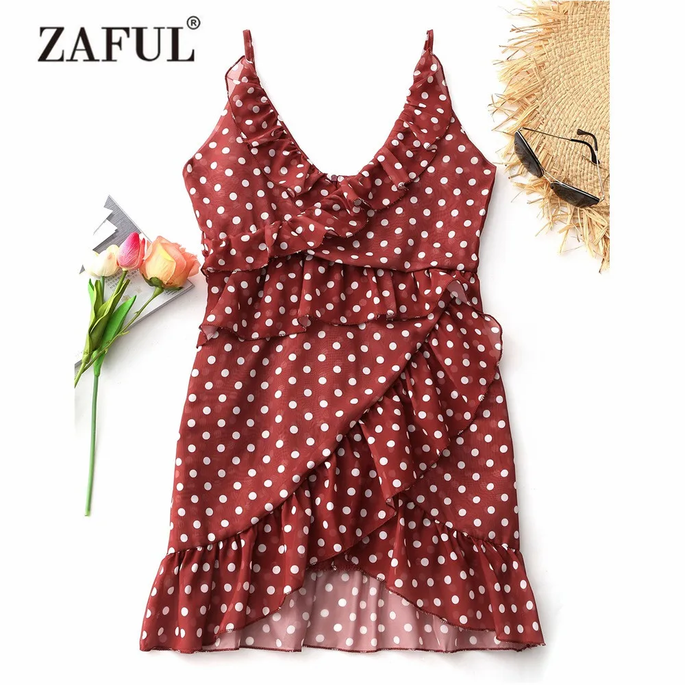 

ZAFUL Women New Cover Ups Tiered Polka Dot Ruffle Mini Dress Flounce uneven Hem Back Zip Ruffles Mini Sleeveless Beach Cover Ups