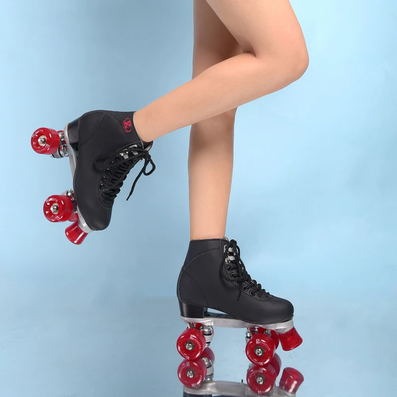 المرأة زلاجات دوارة الأسود و النبيذ الأحمر 4 عجلات التزلج على الجليد الأحذية عالية اصبع القدم رباعية زلاجات دوارة