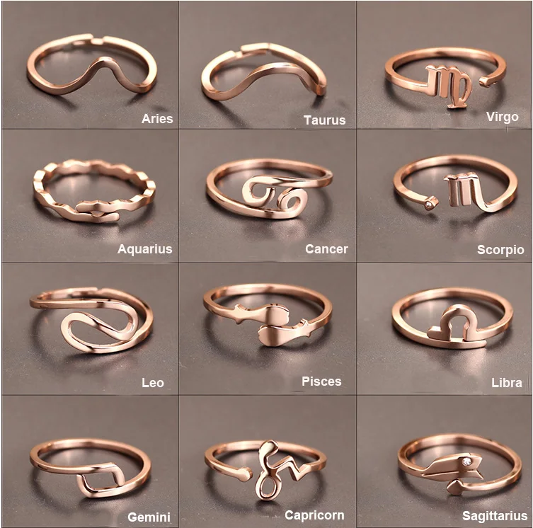 New Design 12 constellations Zodiac Sign Finger Rings Rose Gold color 316 titanium steel Adjustable size Women's Rings