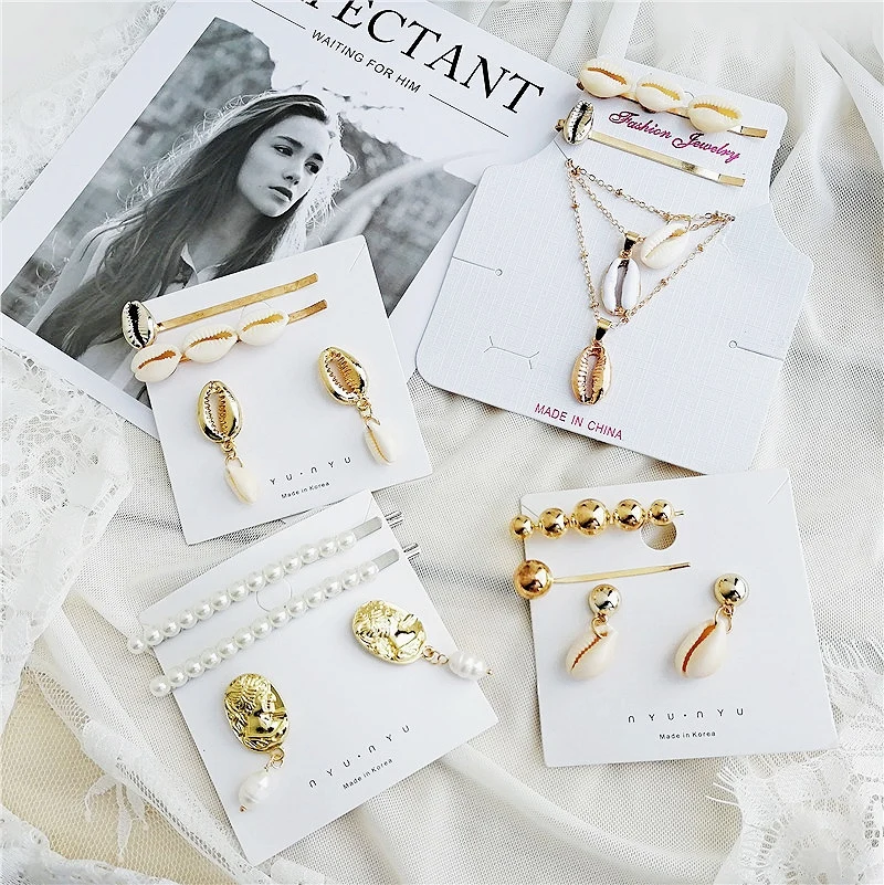 

17KM 2019 New Pearl Shell Jewelry Hairpins Earrings Set For Women HA+EA Gold Color Shell Hair Clips Jewelry Accessories