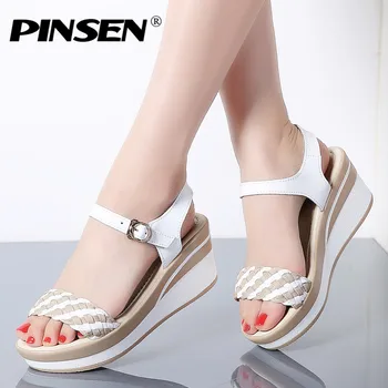 

PINSEN 2020 New Summer Sandals Women Flat Shoes Woman Wedges Platform Sandalias Buckle Sandals High Heels Weave Strap Sandals