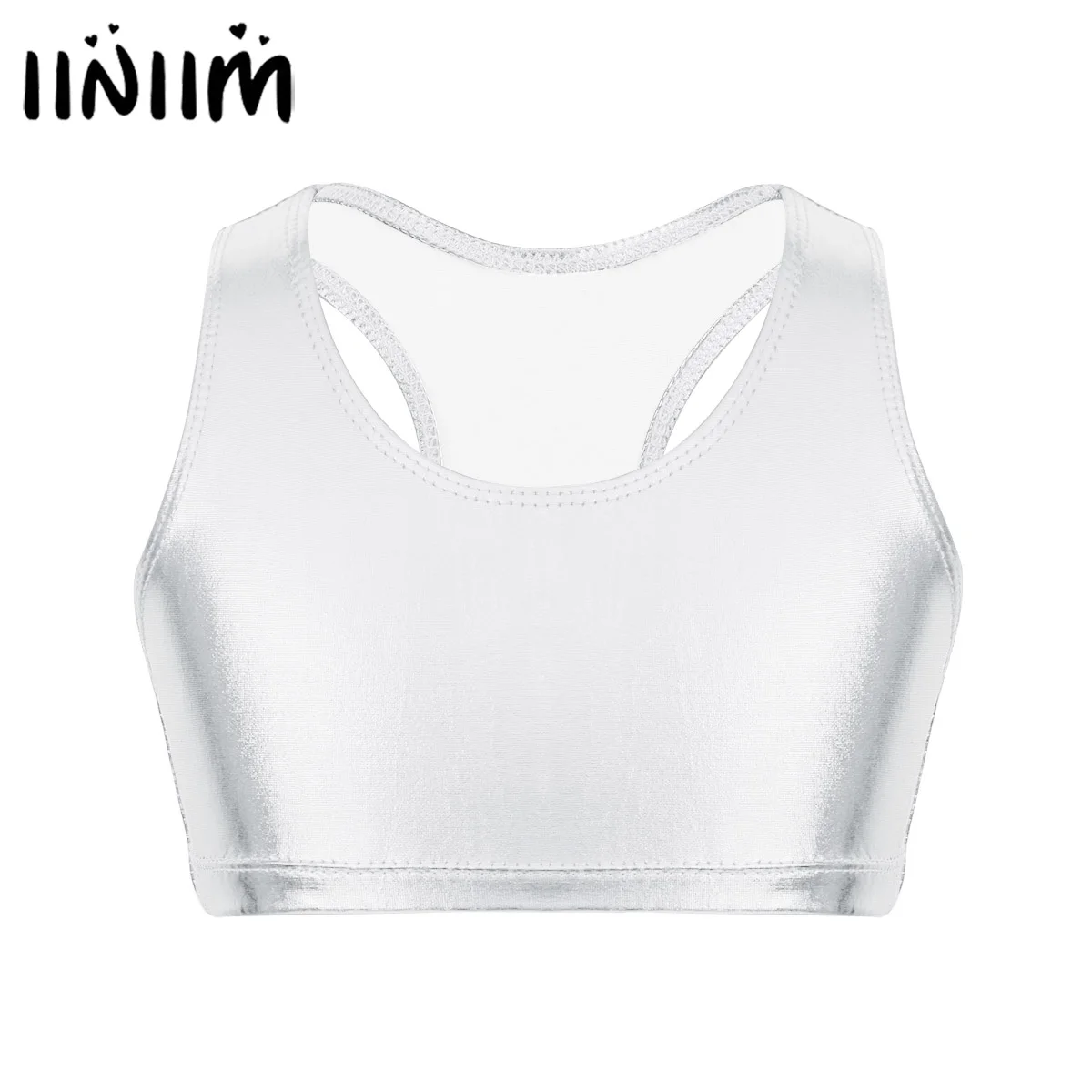 KIDS GIRLS SHINY CROP TANK TOPS METALLIC WET LOOK BRA CHILDREN DANCE PARTY VEST
