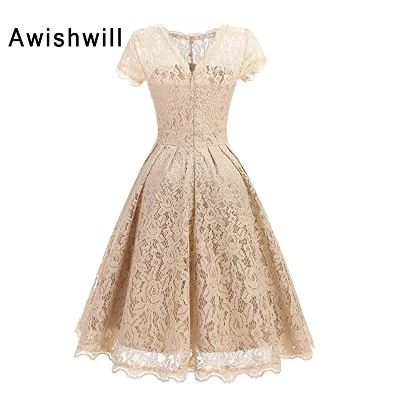 Fast Shipping Champagne Evening Dress with Short Sleeve A Line Vintage