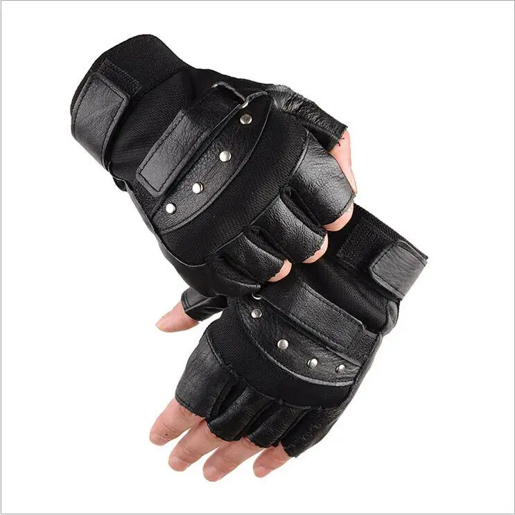 Мужские армейские военные тактические кожаные перчатки с полупальцами для фитнеса, велосипедные спортивные перчатки, мужские черные панк-перчатки с заклепками G135 - Цвет: Black