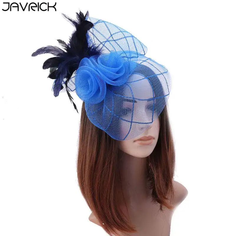 

Ladies Evening Party Fascinators Pillbox Hat Contrast Color Feather Plaid Flower Mesh Veil Banquet Wedding Hair Clip Headpiece