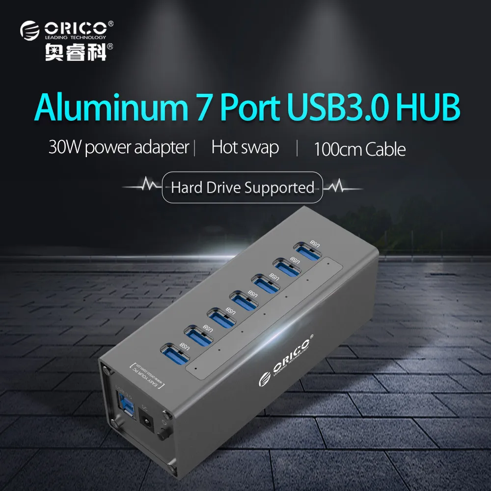 

ORICO USB3.0 HUB Aluminum Super Speed 7 Ports Usb Splitter with 12V 2.5A Power Adapter for Macbook Air Laptop PC Computer