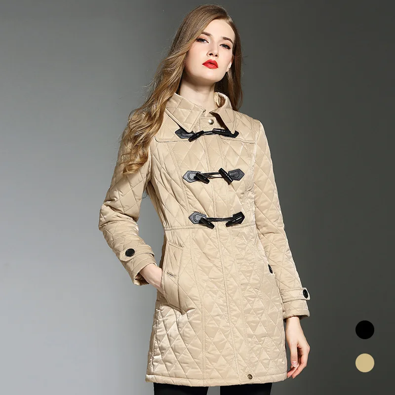 3317 2018 Winter Coat Women Horn Button Cotton padded Slim Long Khaki/Black High Quality