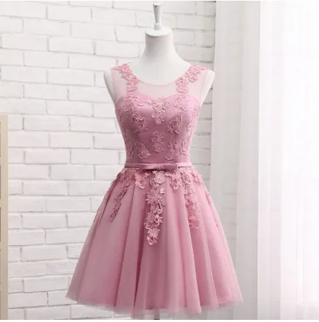 Пыльно-розовые платья подружки невесты, длинные кружевные аппликации без рукавов, дешевые вечерние платья для выпускного вечера, Vestidos De Noiva Robe De Mariage платье для девочки - Цвет: dusty pink short