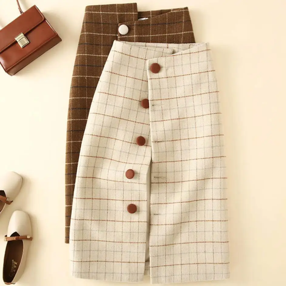 Prix Femmes laine Plaid jupe crayon taille haute célébrité treillis rétro femme mode unique jupe droite
