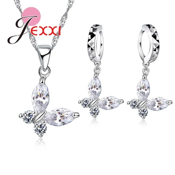 

Women Best Gift 925 Sterlling Silver Cubic Zirconia Cute Butterfly Pendant Necklace Crystal Drop Earrings Brincos El Collar