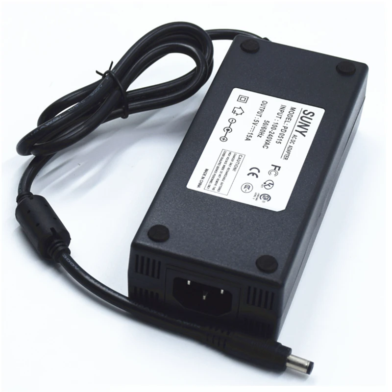 

100-240Vac input 5V 15A Lighting transformer ,led power supply ,CE FCC Listed 5V 1-15A 75W driver with 5.5*2.1 ,5*5*2.5 dc port