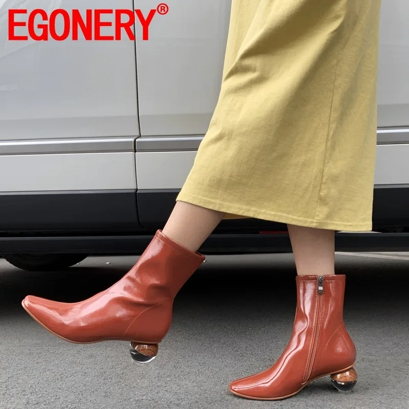 

EGONERY woman shoes 2019 winter new fashion sexy square toe patent leather ankle boots outside high heels shoes drop shipping