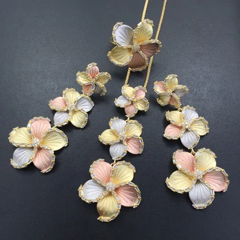 

Lanyika Jewelry Set Long Super Gorgeous Flower Sandblasting Plated Necklace with Earrings and Ring Anniversary Bridal Best Gift