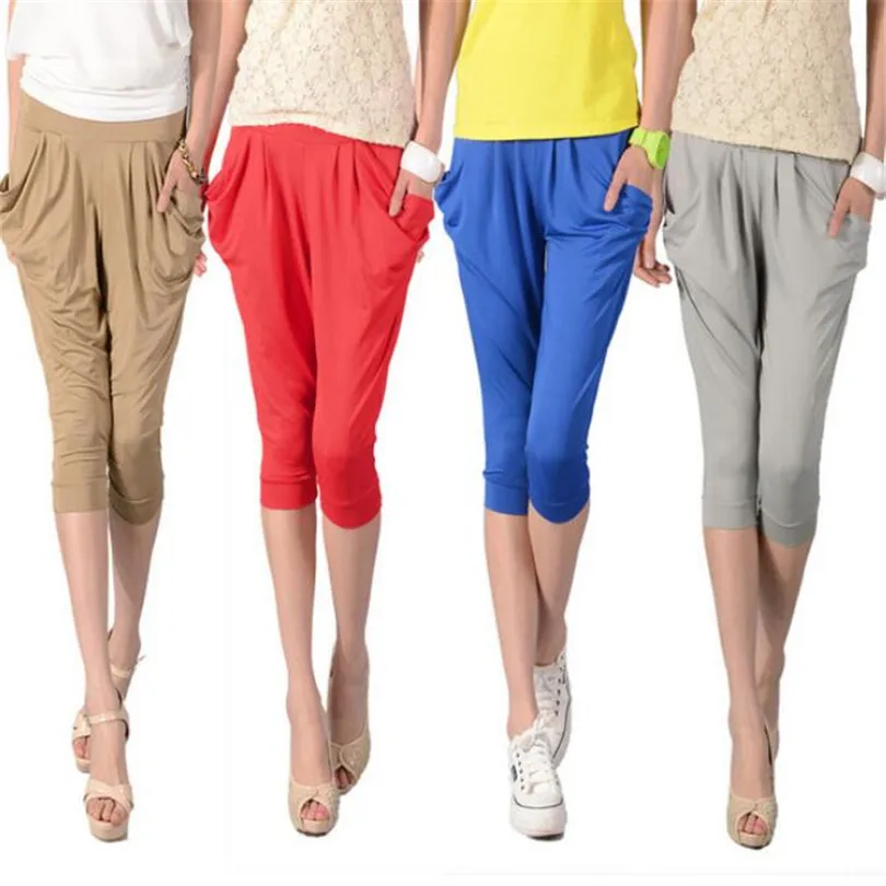 INDJXND Candy Color Harem Pants Elastic Waist Pocket Pleated Women Loose Casual Summer Capris Pants Fashion Loose Seven Trousers INDJXND Candy Color Harem Pants Elastic Waist Pocket Pleated Women Loose Casual Summer Capris Pants Fashion Loose Seven Trousers