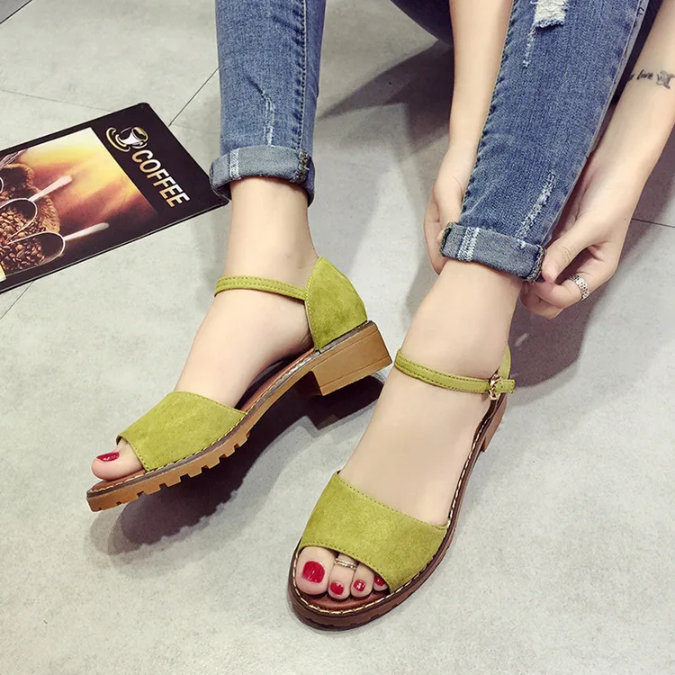 

QWEDF Summer Floral Sandals Fish Mouth Women Sandals Pu Suede Retro High Heels Square Heel Woman Buckle Shoes size 35-40 EE-126