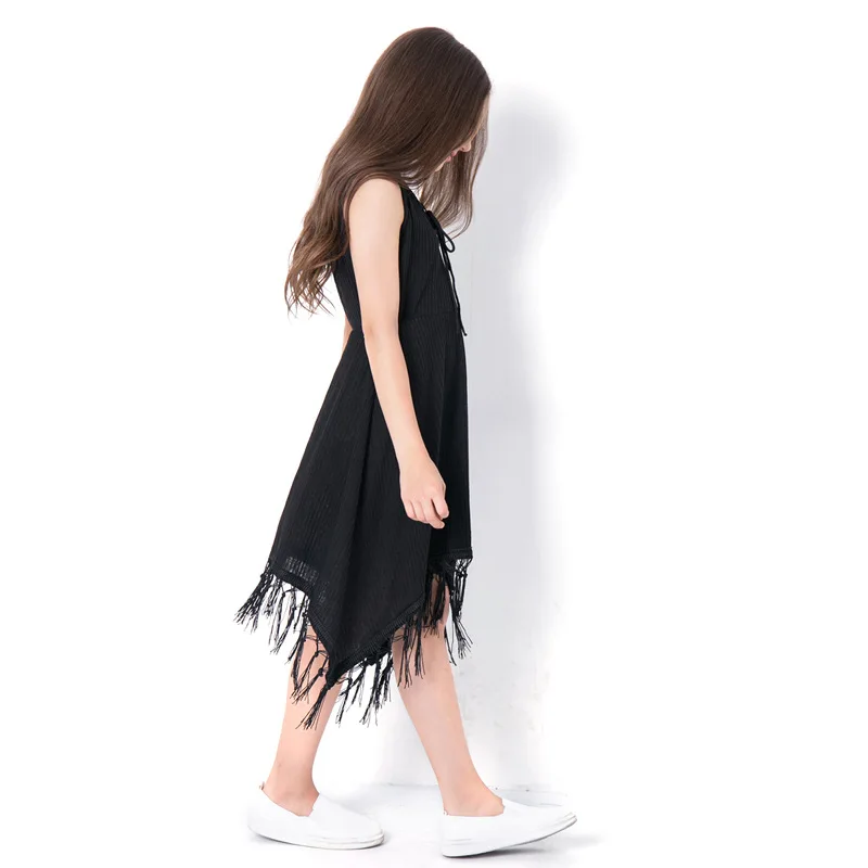 Платья для девочек школьная одежда на возраст 13 лет платье для девочек-подростков г. Летние Детские платья для девочек, одежда жилет с кисточками вечерние платья черного цвета