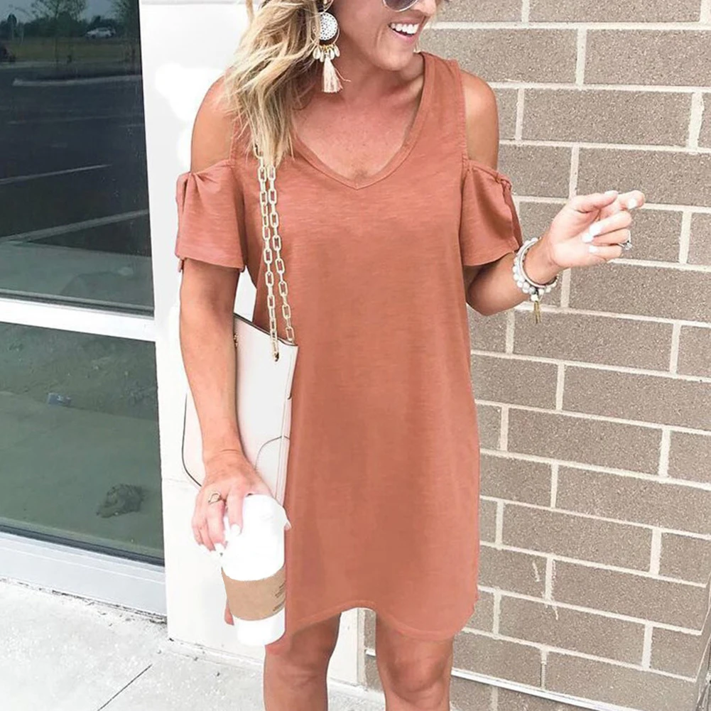 

Women Skirts Summer Casual Mini Skirts Fashion Off Shoulder Short Sleeve V-neck Soild Skirt Female Clothing 2019 New