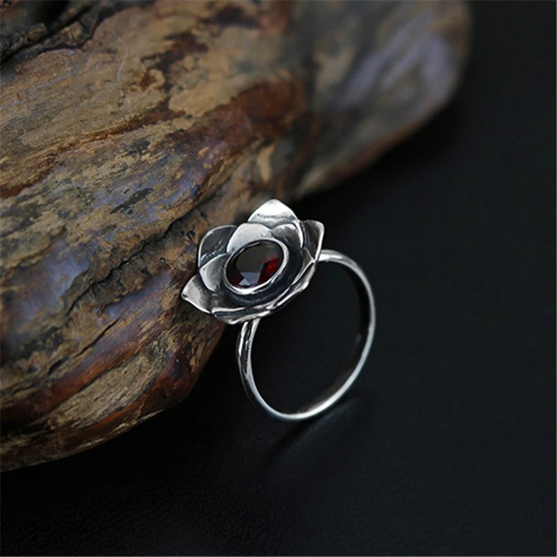 Lotus Fun Real 925 Sterling Silver Resizable Rings for Women Natural Garnet Red Vintage Thailand Silver Flower Band Fine Jewelry