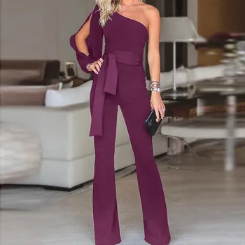 

2018 Women New Fashion Stylish Office Solid Party Elegant Jumpsuit Ladies Sexy One Shoulder Slit Sleeve Casual Summer Jumpsuit