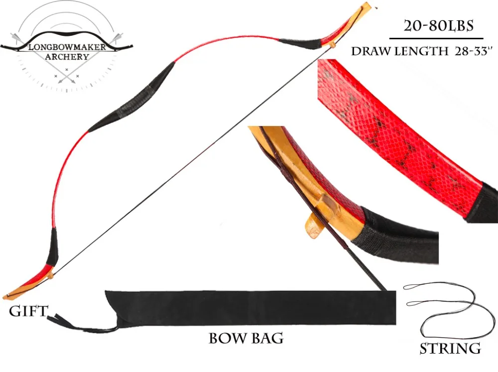 

LongbowMaker 20-80 lbs Ali Bow Red Snakeskin Traditional Handmade Hungarian Mongolia bow Longbow Archery Hunting Manchu bows